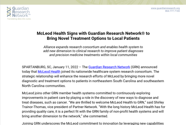 McLeod Health Signs with Guardian Research Network® to Bring Novel Treatment Options to Local Patients