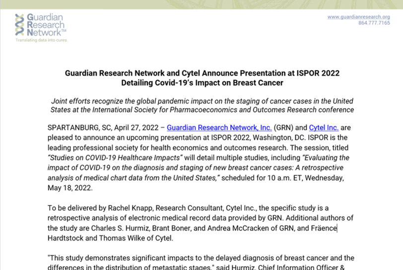 Guardian Research Network and Cytel Announce Presentation at ISPOR 2022 Detailing Covid-19’s Impact on Breast Cancer