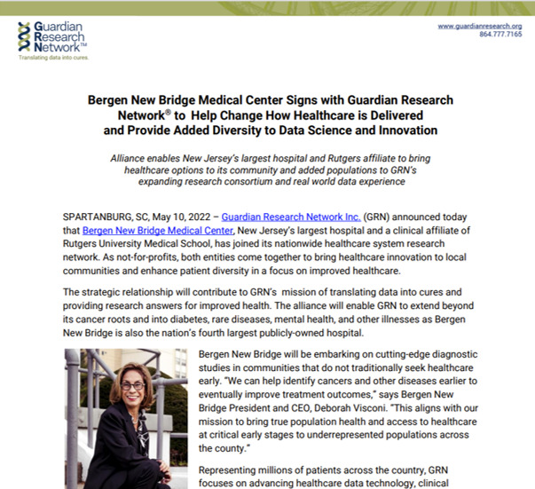 Bergen New Bridge Medical Center Signs with Guardian Research  Network® to Help Change How Healthcare is Delivered and Provide Added Diversity to Data Science and Innovation