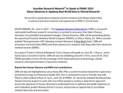 Guardian Research Network® to Speak at PMWC 2022  About Advances in Applying Real World Data to Clinical Research