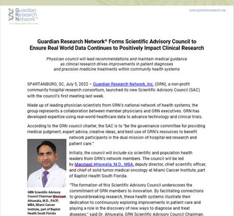 Guardian Research Network® Forms Scientific Advisory Council to Ensure Real World Data Continues to Positively Impact Clinical Research