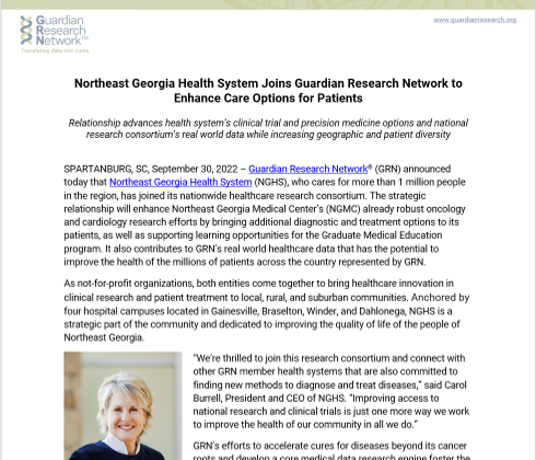 Northeast Georgia Health System Joins Guardian Research Network to Enhance Care Options for Patients