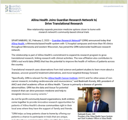Allina Health Joins Guardian Research Network to Drive Translational Research