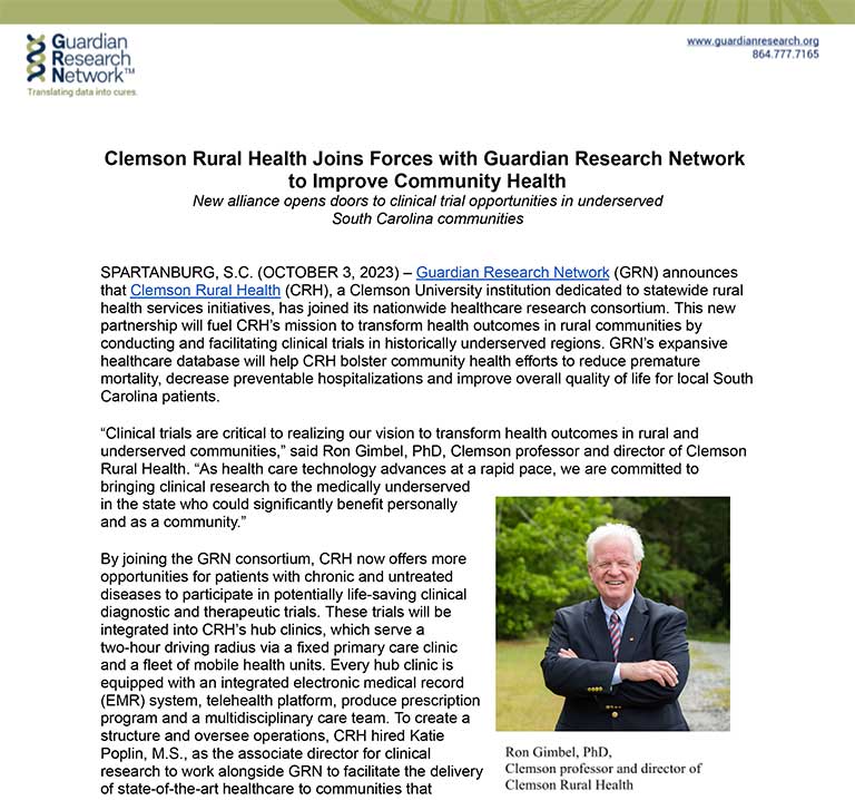 Clemson Rural Health Joins Forces with Guardian Research Network to Improve Community Health