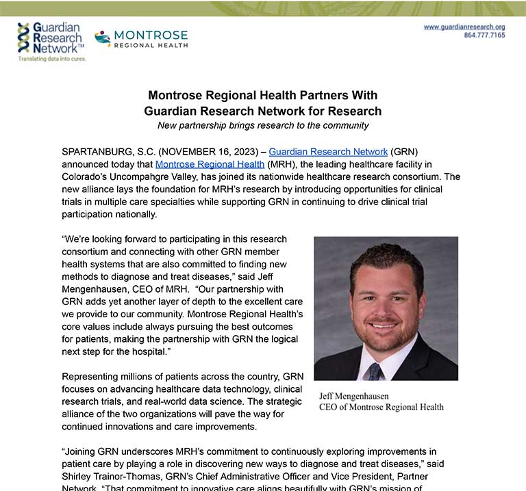 Montrose Regional Health Partners With Guardian Research Network for Research