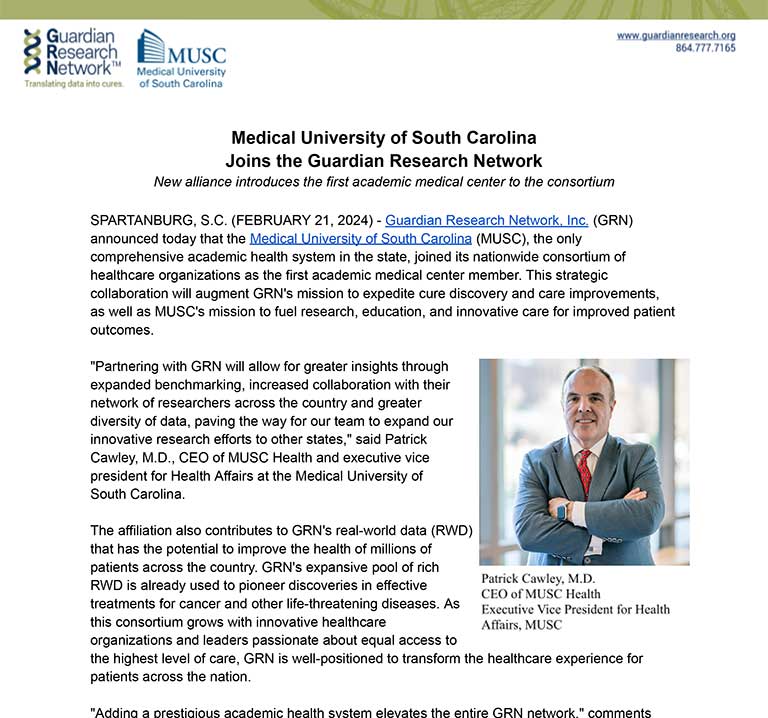 Medical University of South Carolina Joins the Guardian Research Network