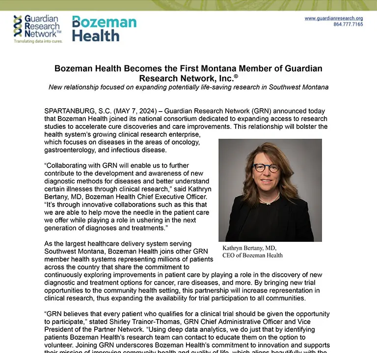 Bozeman Health Becomes the First Montana Member of Guardian Research Network