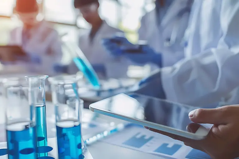 A group of individuals in lab coats are engaged in discussion while holding tablets in a laboratory setting.