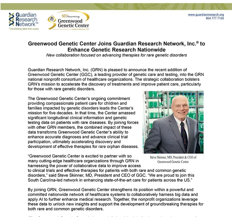 Greenwood Genetic Center Joins Guardian Research Network, Inc.® to Enhance Genetic Research Nationwide