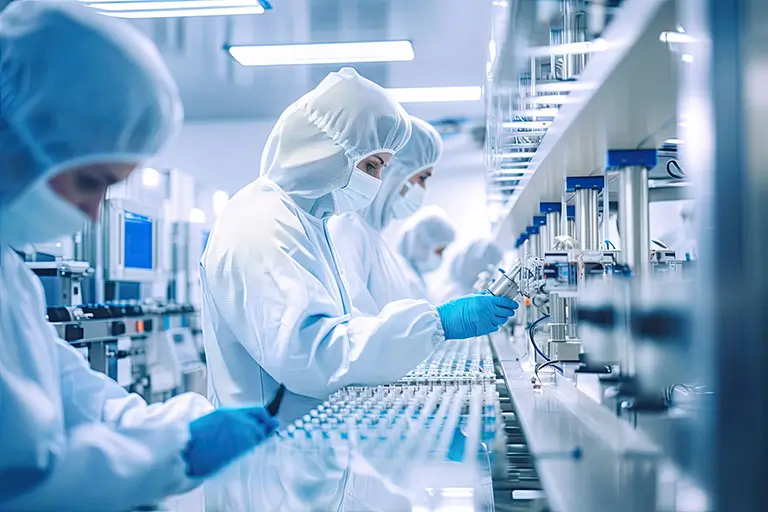 Workers in protective clothing operate machinery in a lab, ensuring safety and efficiency in a controlled environment.